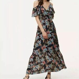 Ann Taylor Loft Dress Navy Floral Maxi Ruffle Sleeve Tiered, Small